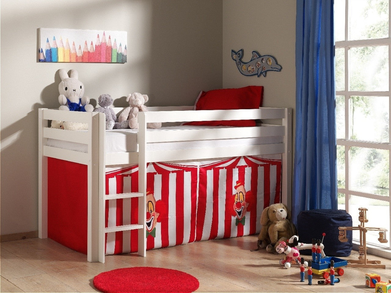 Lit de plancher en bois épinglé avec espace de jeu de Pino Chucky White pour enfants, 200 x 90 cm