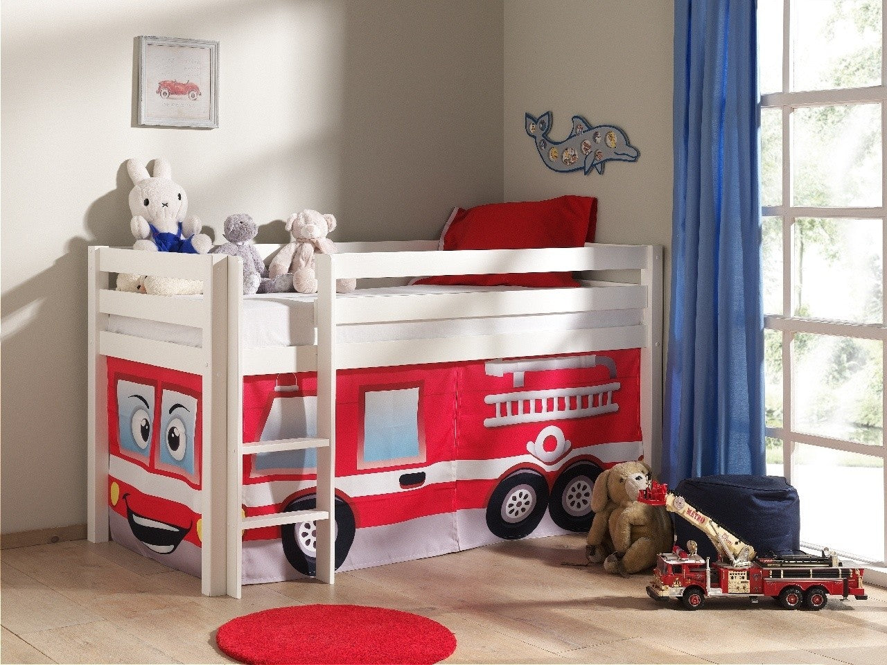 Pin de plancher en bois, avec espace de jeu pour enfants Pino Fire Rescue blanc, 200 x 90 cm