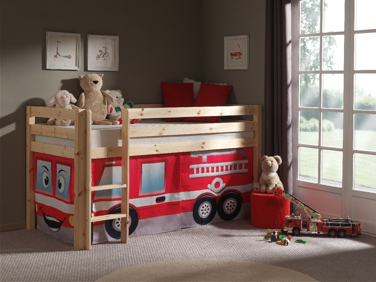 Pin de plancher en bois, avec espace de jeu pour enfants Pino Fire Rescue Natural, 200 x 90 cm