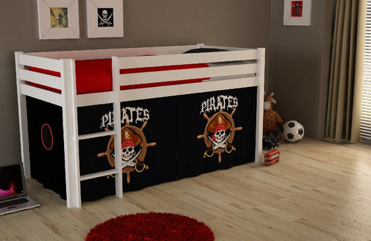 Lit de plancher en bois d'épingle, avec espace de jeu pour enfants blanc Pirates, 200 x 90 cm