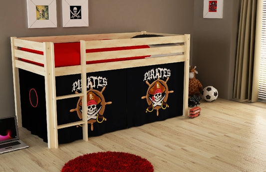 Lit de plancher en bois d'épingle, avec espace de jeu pour enfants naturels Pino Pirates, 200 x 90 cm