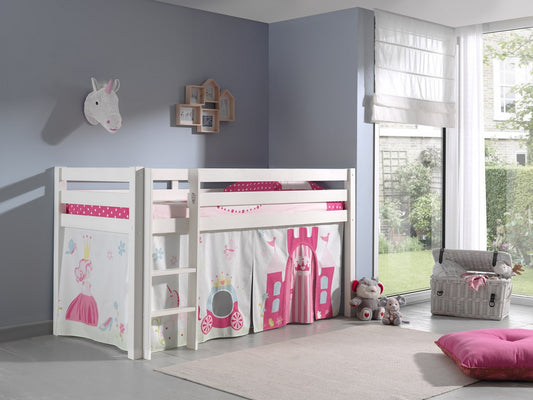 Lit de plancher en bois d'épingle, avec espace de jeu pour enfants Pino Princess White, 200 x 90 cm