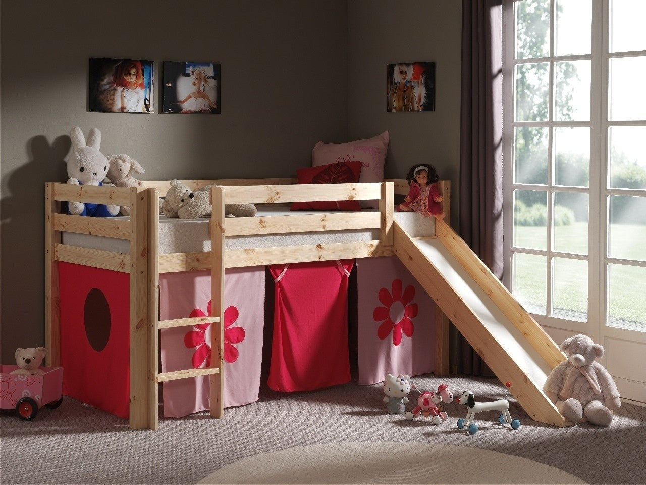 Lit de plancher en bois d'épingle, avec des enfants naturels à fleurs roses, 200 x 90 cm