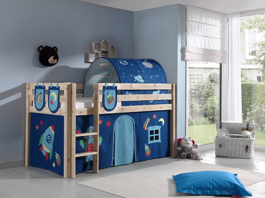 Lit de plancher en bois d'épingle, avec tunnel et espace de jeu pour les enfants Pino plus Astro naturel, 200 x 90 cm