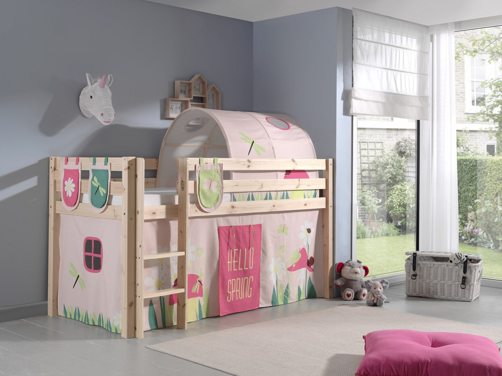 Pin de plancher en bois, avec tunnel et espace de jeu pour les enfants Pino Plus Spring Natural, 200 x 90 cm