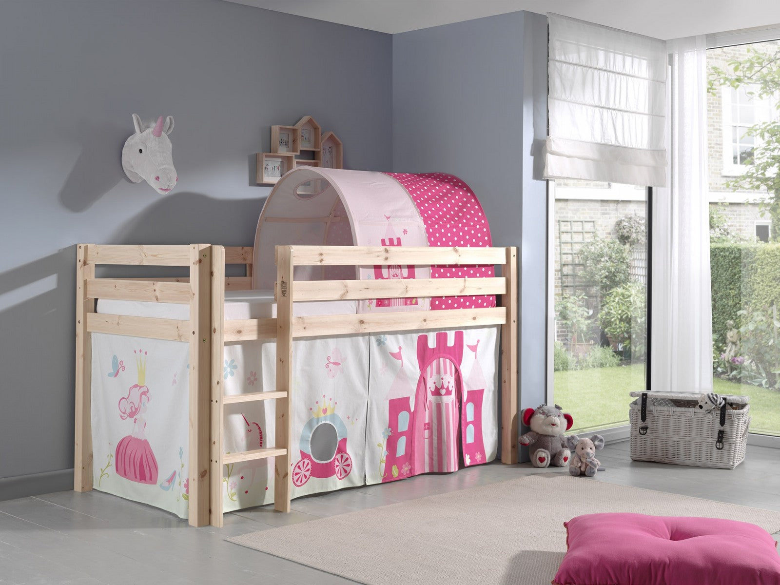 Pin de plancher en bois, avec tunnel et espace de jeu pour les enfants Pino Princess Natural, 200 x 90 cm