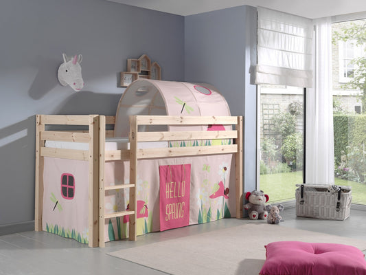 Lit de plancher en bois d'épingle, avec tunnel et espace de jeu pour les enfants Pino Spring Natural, 200 x 90 cm