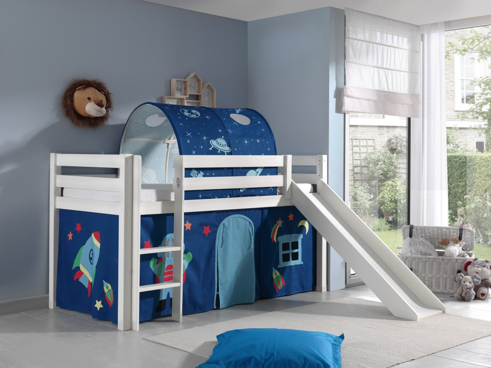 Pin de plancher en bois, avec tunnel et glissement pour enfants Pino Astro White, 200 x 90 cm