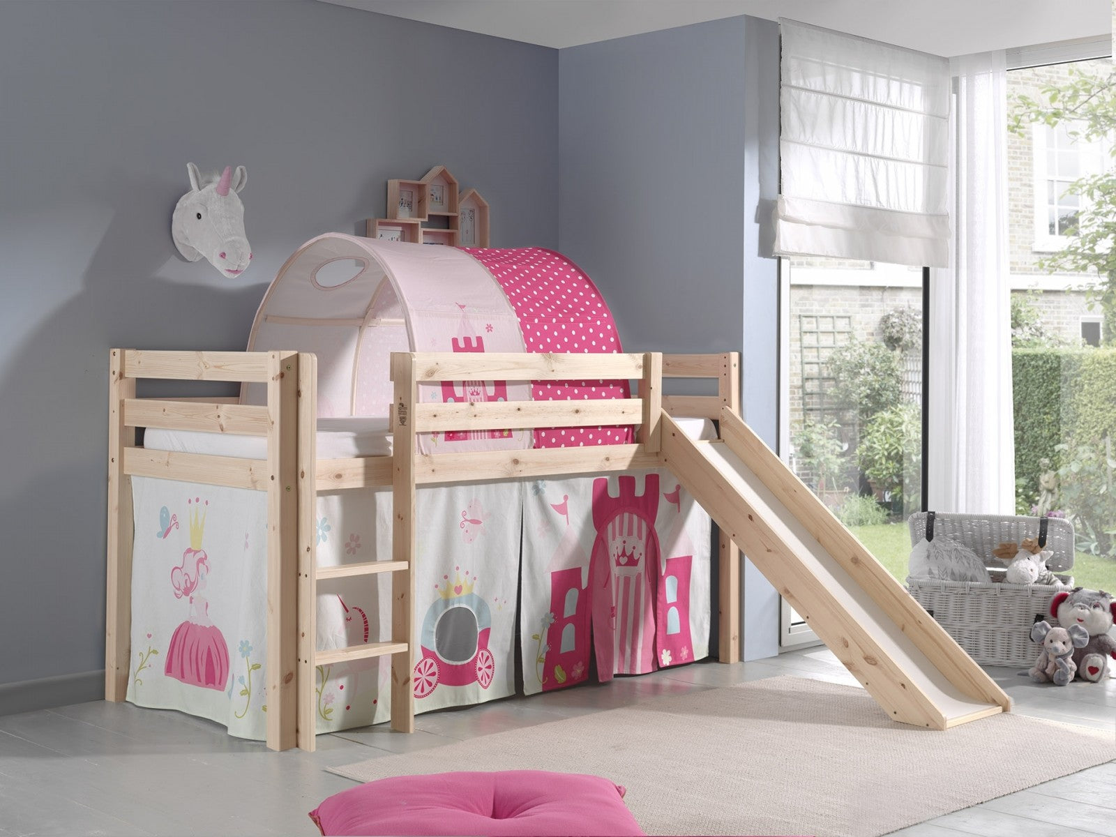 Pin de plancher en bois, avec tunnel et glissement pour enfants Pino Princess Natural, 200 x 90 cm