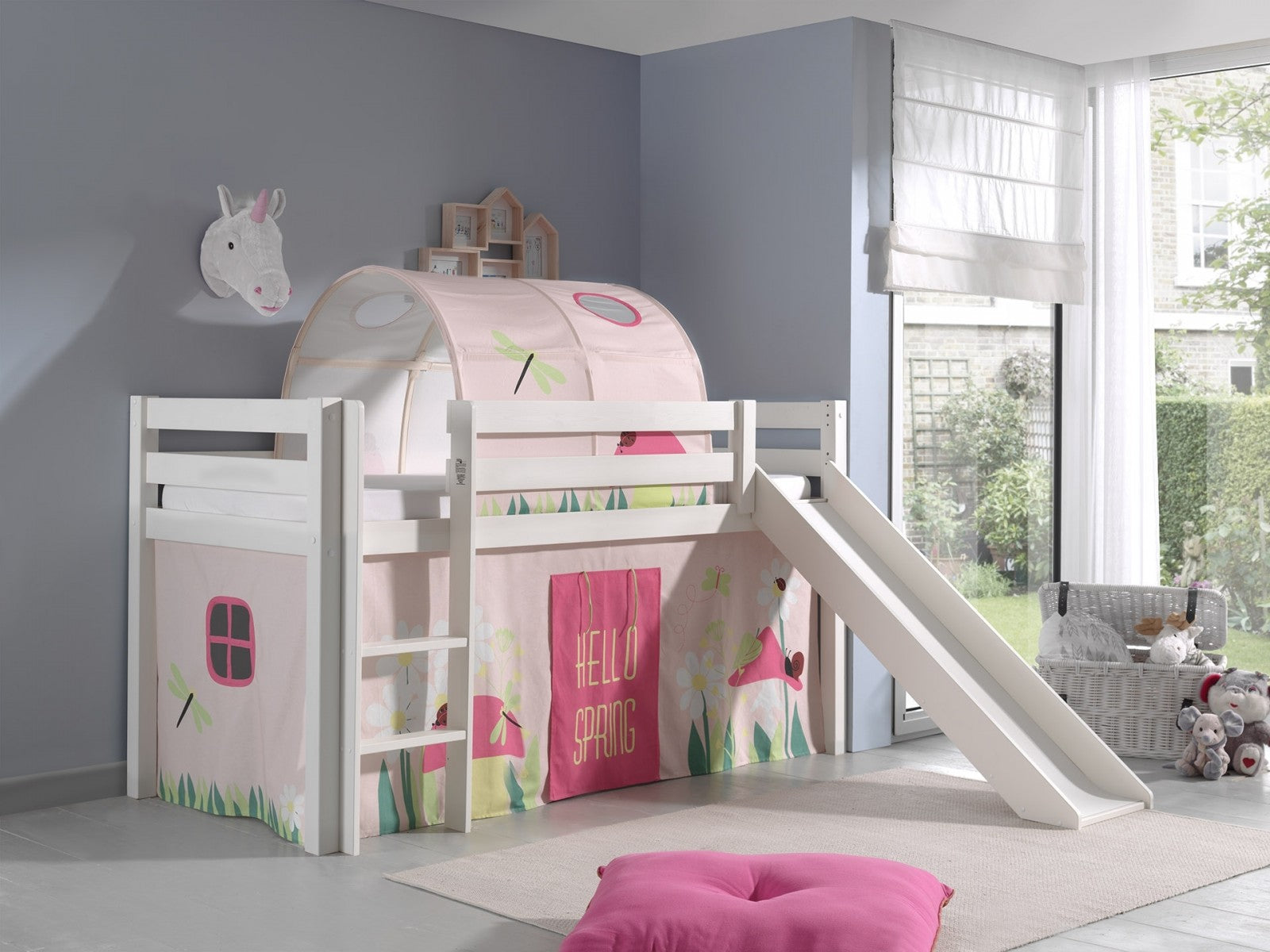 Pin de plancher en bois, avec tunnel et glissement pour enfants Pino Spring blanc, 200 x 90 cm