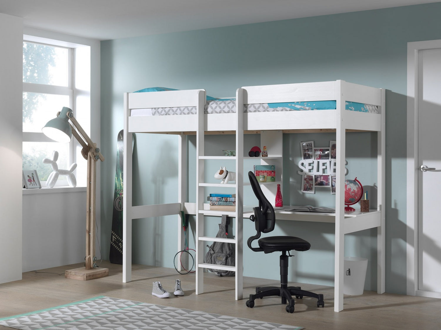 Pin - Lit de plancher de bois et mdf avec bureau construit, pour enfants pino mezzanine blanc, 200 x 90 cm