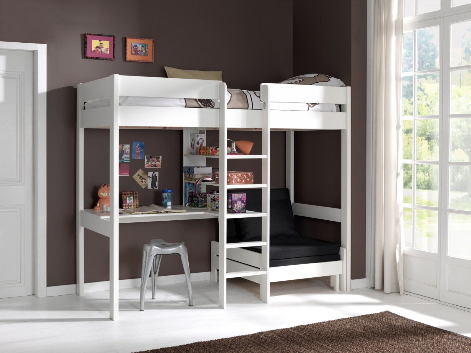 Pin et MDF Plancher en bois avec bureau et fauteuil extensible, pour enfants Pino Mezzanine White, 200 x 90 cm