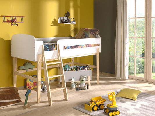 Lit en bois épingle et MDF, pour les enfants avec un espace de jeu blanc pour enfants, 200 x 90 cm