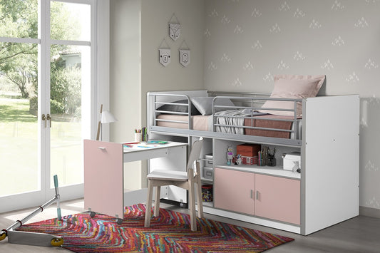 Pal et lit de sol en métal avec bureau construit et 2 portes, pour enfants blanc / rose, 200 x 90 cm