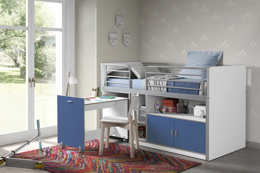 Pal et lit de sol en métal avec bureau construit et 2 portes, pour enfants blanc / bleu, 200 x 90 cm