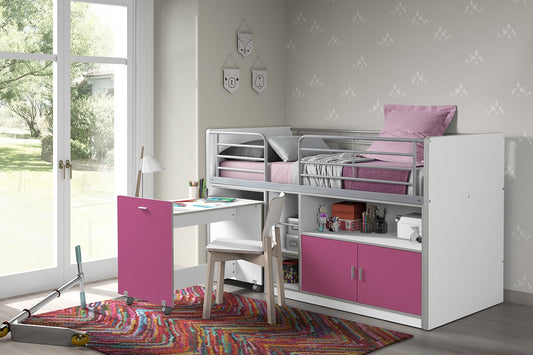 Pal et lit de sol en métal avec bureau construit et 2 portes, pour les enfants Bonny White / Fucsia, 200 x 90 cm