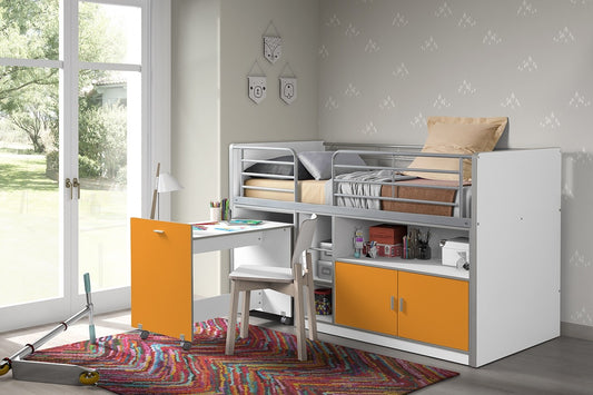 Pal et lit de sol en métal avec bureau construit et 2 portes, pour les enfants Bonny White / Orange, 200 x 90 cm