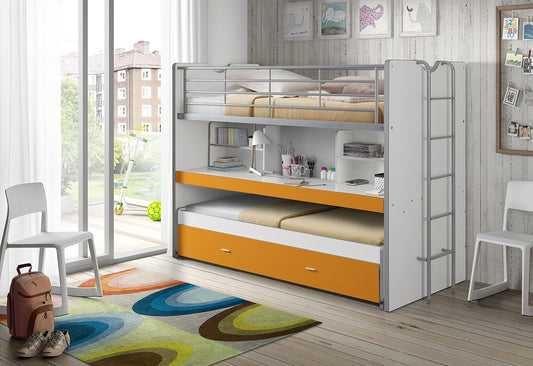 Lit superposé en copain et métal avec bureau et tiroir construits, pour les enfants Bonny White / Orange, 200 x 90 cm