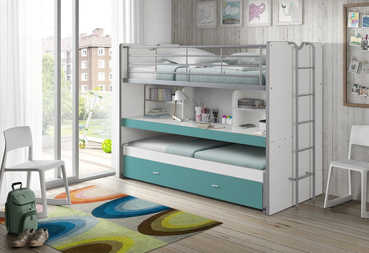 Lit superposé en copain et métal avec bureau et tiroir construits, pour les enfants Bonny blanc / turquoise, 200 x 90 cm