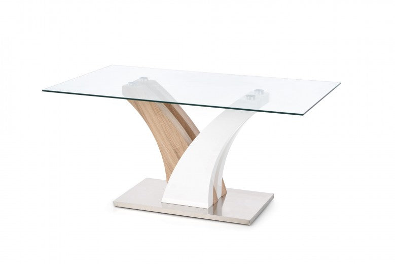 Table Vilmer Blanc / Chêne Sonoma verre et MDF, L160xl90xH76 cm