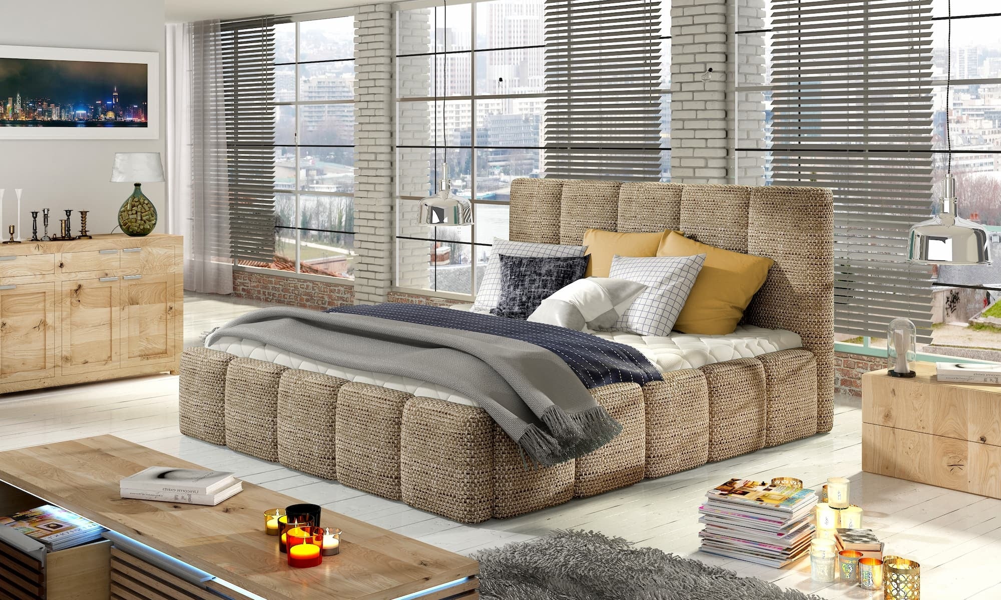 Pat rabatabil cu lada de depozitare, tapitat cu stofa, Edvis Neutral (2)