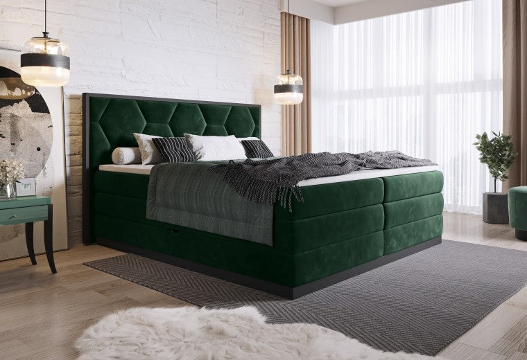 Lit avec coffre de rangement, rembourré en tissu Galia Boxspring Vert foncé, surmatelas inclus, 200 x 160 cm