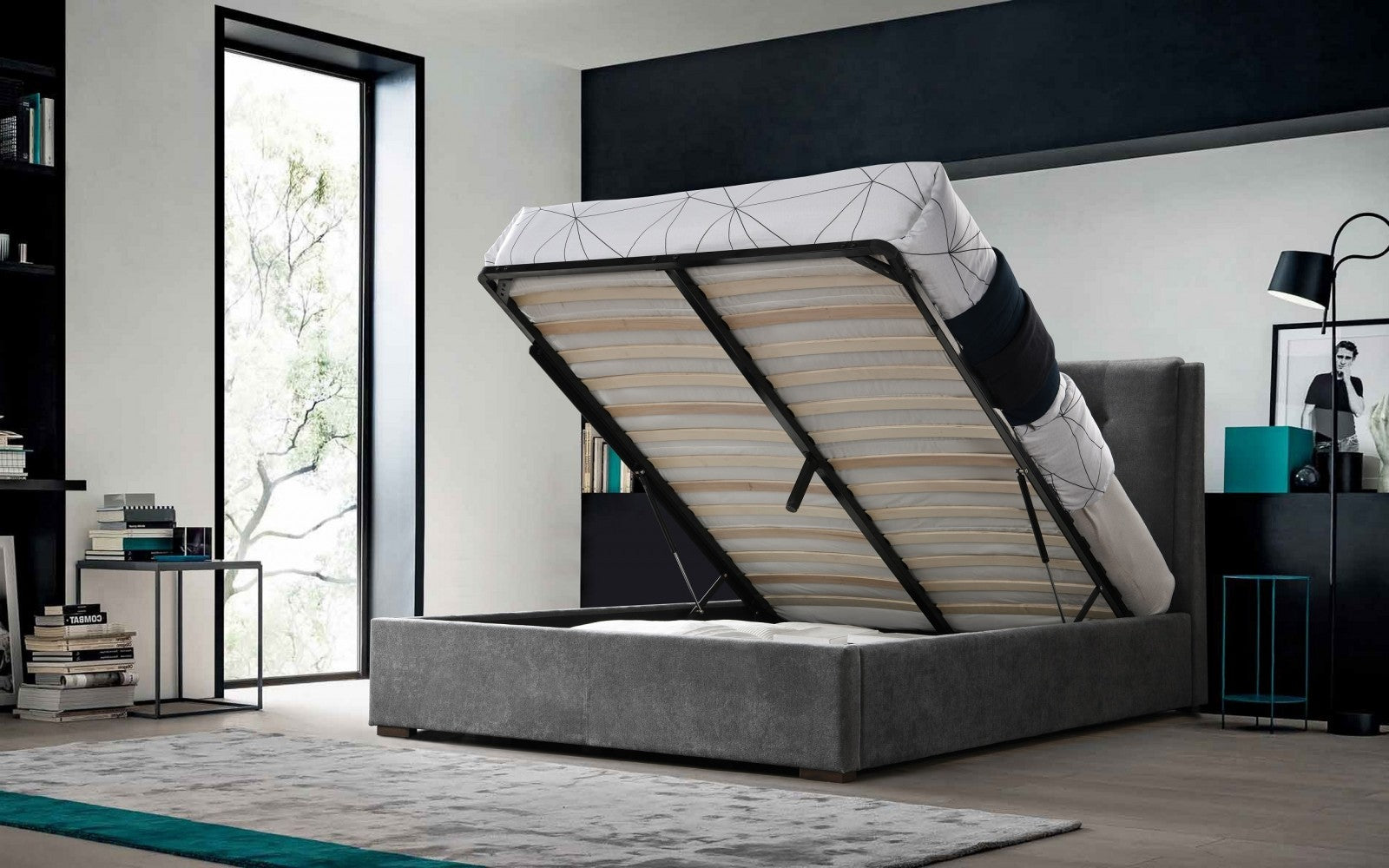 Lit avec coffre de rangement, recouvert de tissu, Larzo, Gris