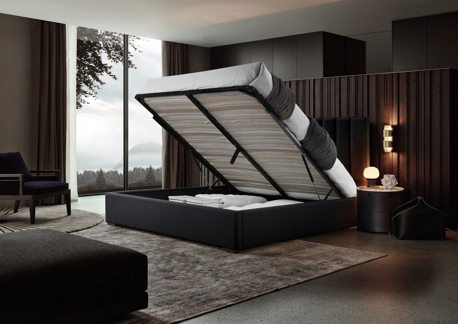 Lit coffre avec coffre de rangement, recouvert de tissu, Pierre Velvet, Anthracite