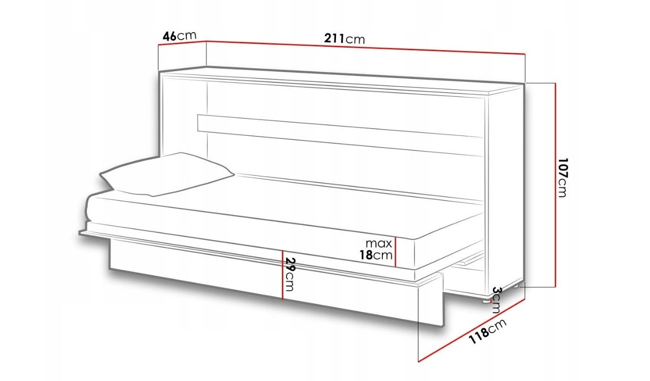 Lit Escamotable au mur, avec mécanisme pneumatique et cadre de lit inclus, Bed Concept Horizontal, Gris Mat