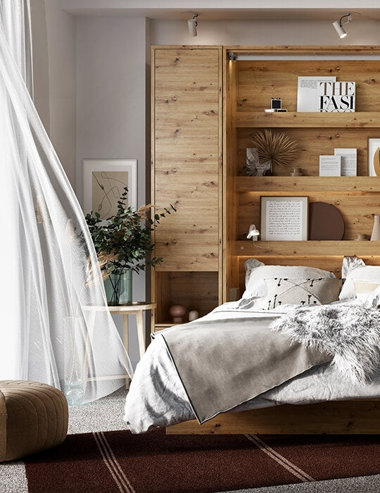 Lit Escamotable au mur, avec mécanisme pneumatique et cadre de lit inclus, Bed Concept Vertical, Chêne artisanal