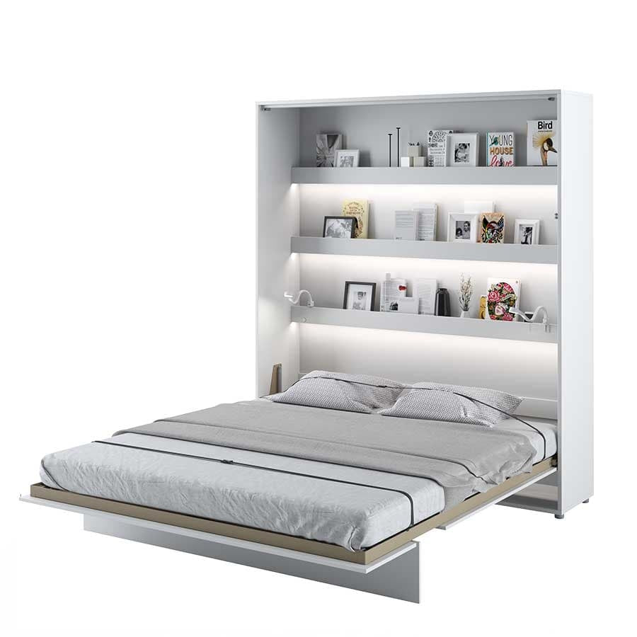 Lit Escamotable au mur, avec mécanisme pneumatique, système LED, cadre de lit et 2 armoires BC07, Bed Concept Vertical, Blanc Mat