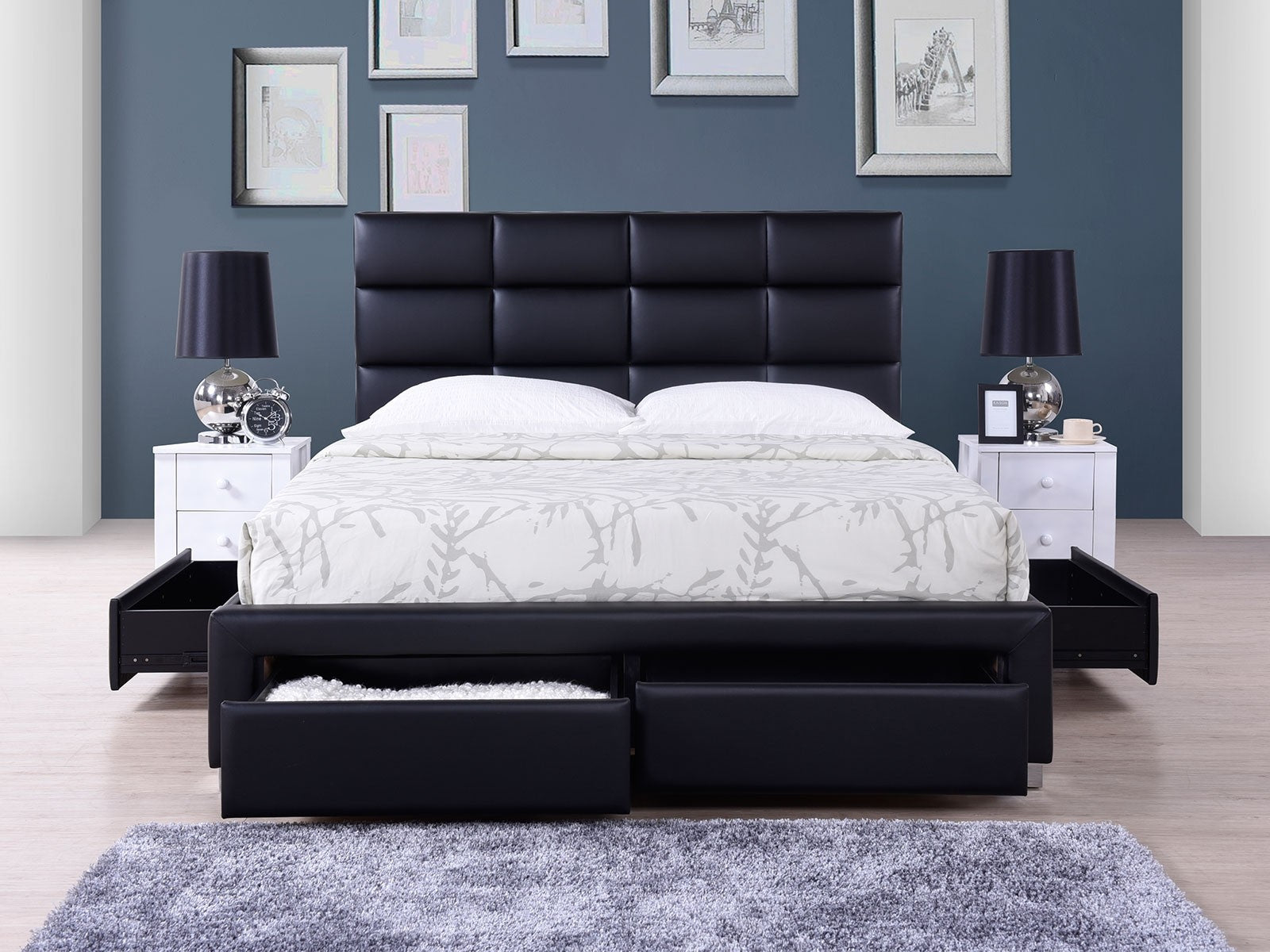 Lit Rembourré En Cuir Écologique Avec 4 Tiroirs, Lars Noir, 160 x 200 cm