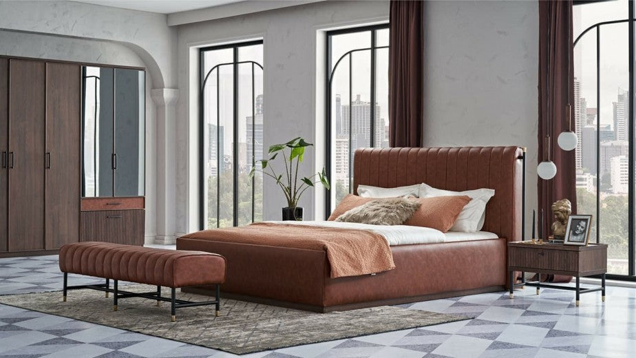 Lit rembourré en cuir écologique Matilda Caramisu-200 x 180 cm