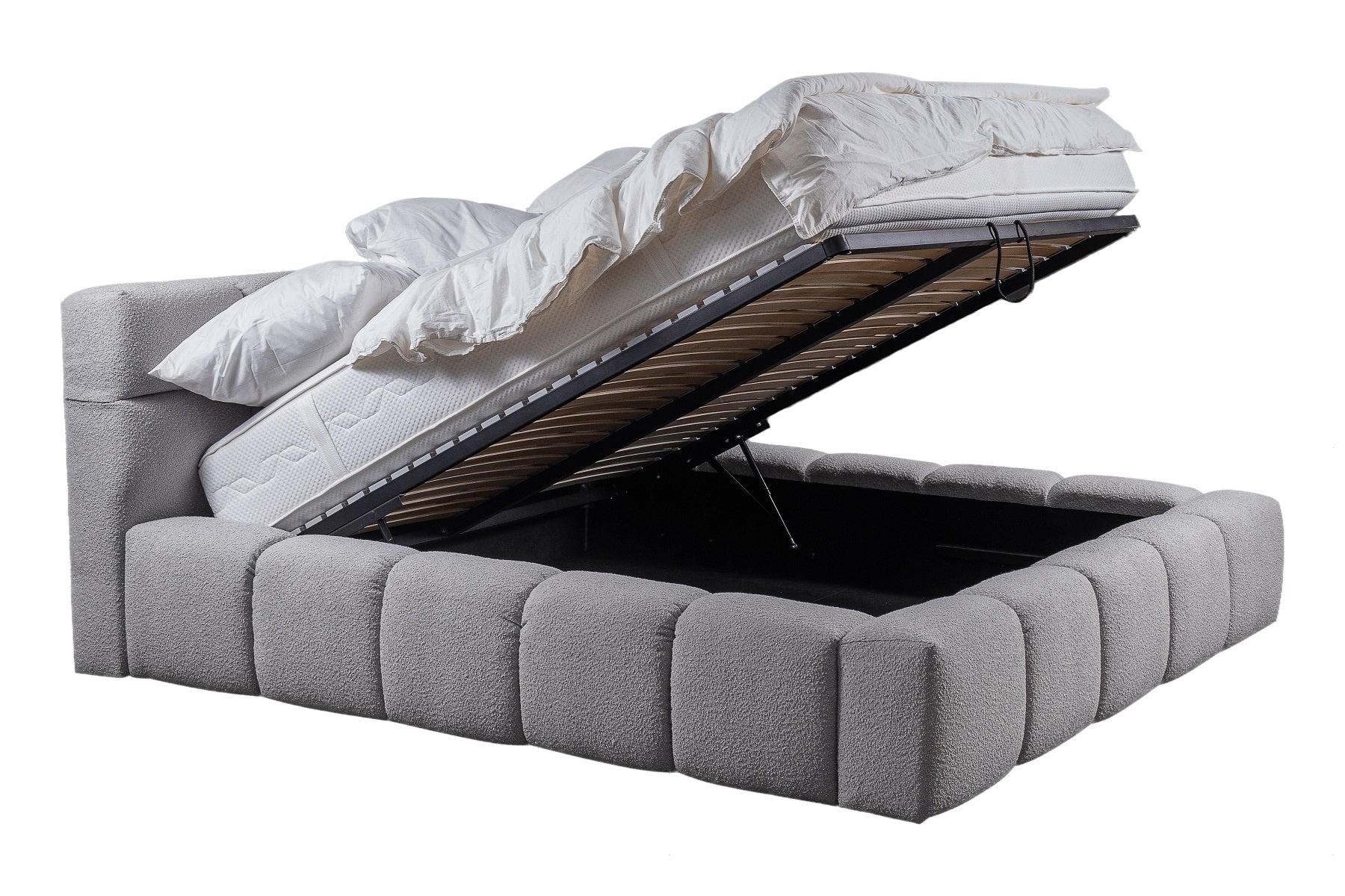 Lit rembourré avec tissu bouclé, Cadre de lit pliant avec espace de rangement, Baloo Gris