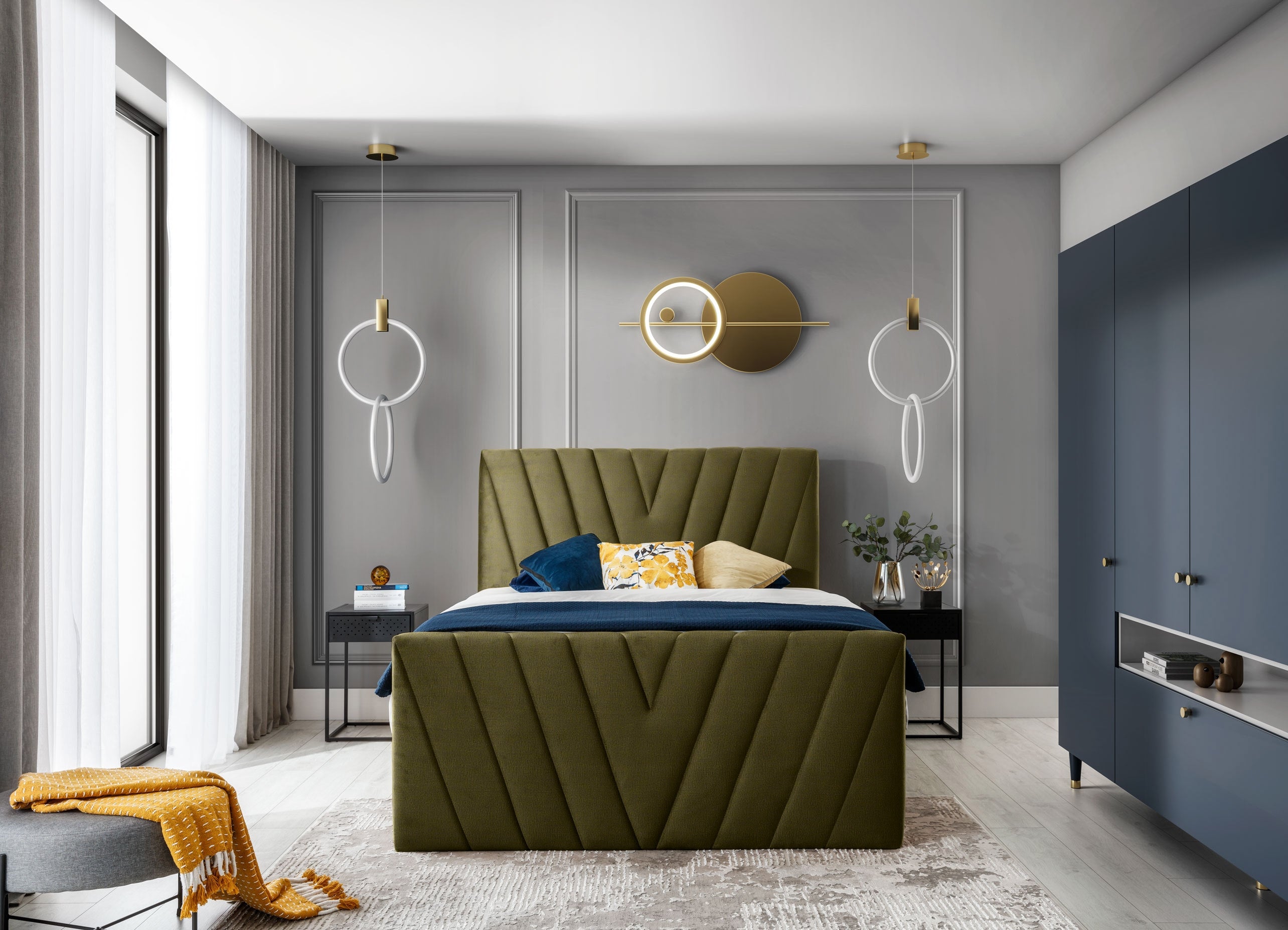 Pat rabatabil cu lada de depozitare, tapitat cu stofa, Candys Boxspring Verde Olive (1)