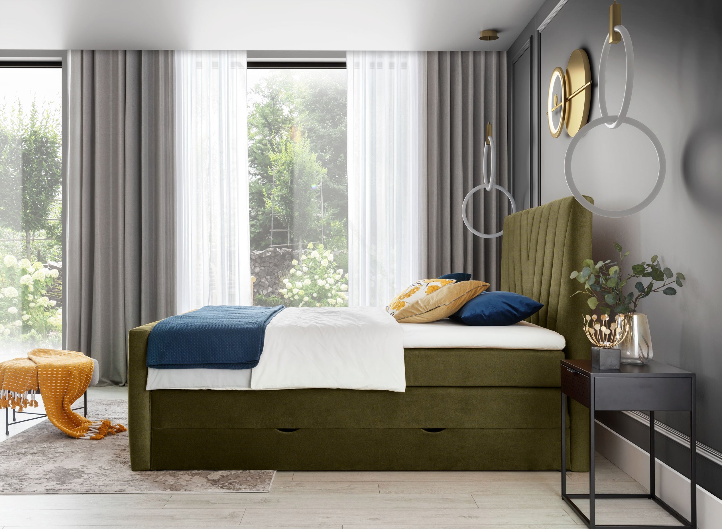 Pat rabatabil cu lada de depozitare, tapitat cu stofa, Candys Boxspring Verde Olive (3)