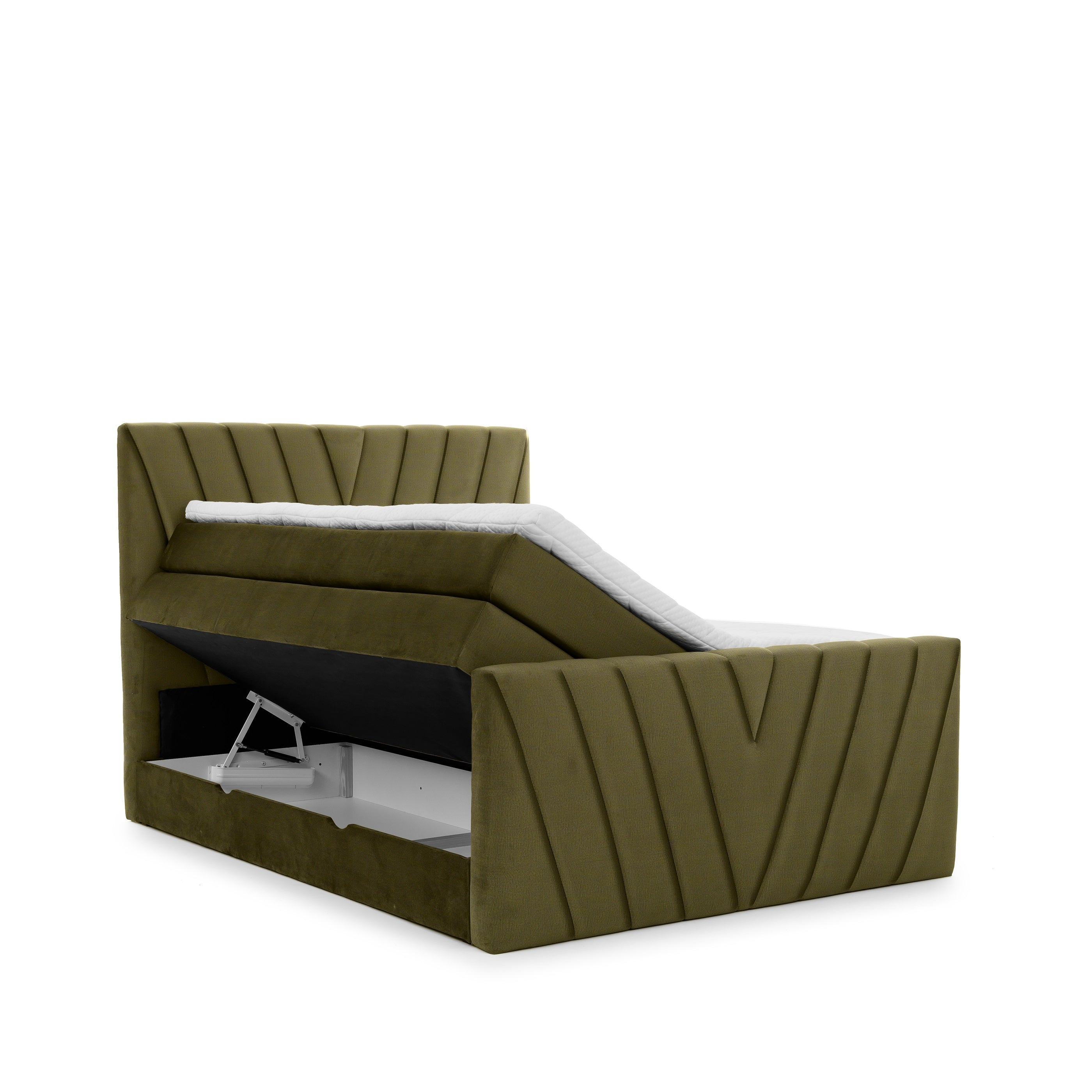 Pat rabatabil cu lada de depozitare, tapitat cu stofa, Candys Boxspring Verde Olive (6)