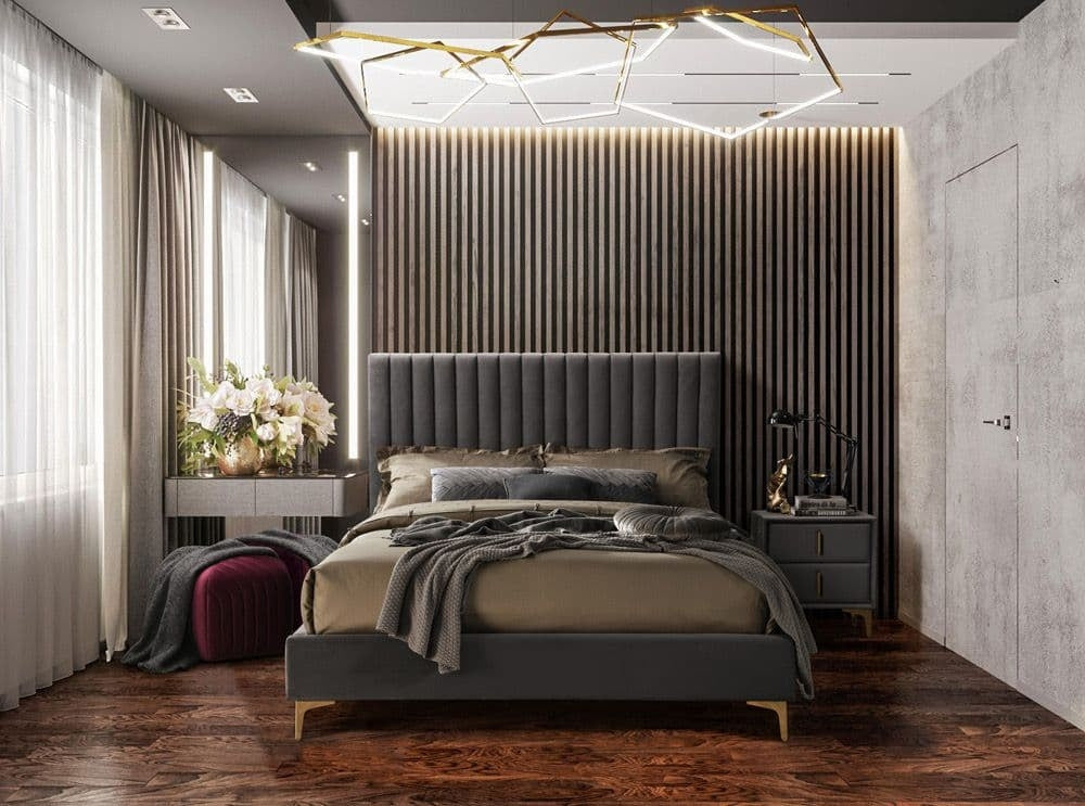 Lit capitonné avec tissu Cydney Velvet Gris