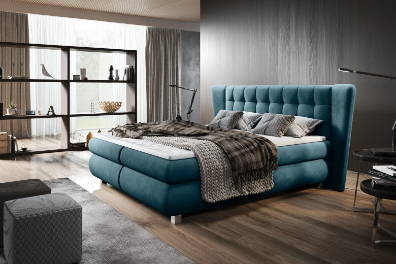 Lit rembourré en tissu Florentino Boxspring Turquoise, surmatelas inclus, 200 x 160 cm