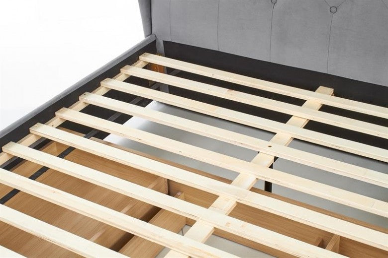 Lit capitonné en tissu, avec 4 tiroirs Sabrina Gris, 200 x 160 cm