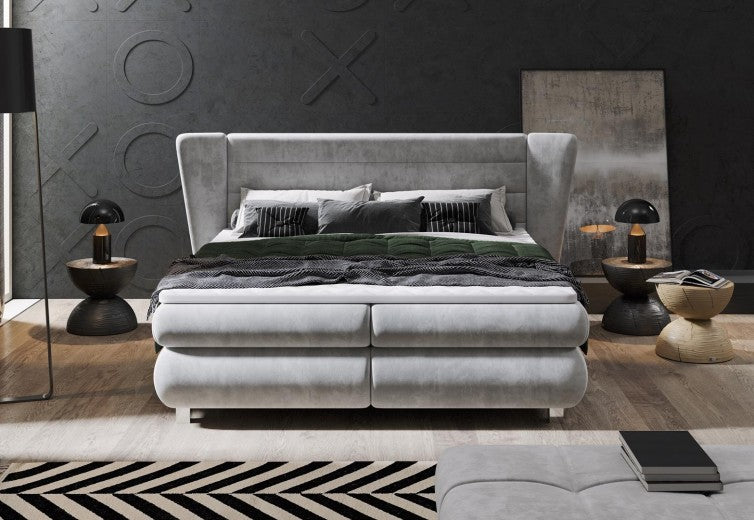 Lit rembourré en tissu Valentino Boxspring Gris clair, surmatelas inclus, 200 x 160 cm