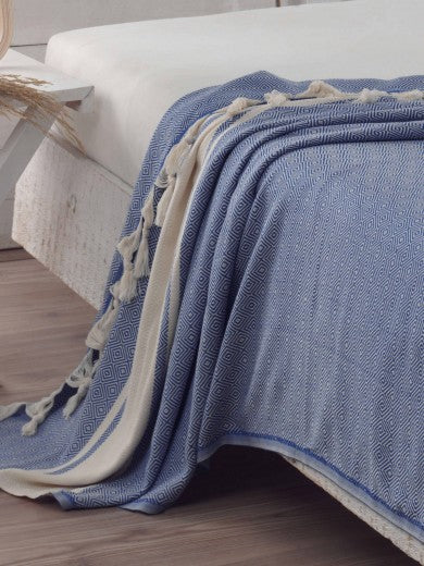 Couverture en coton Elmas Bleu / Crème, 200 x 240 cm