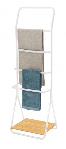 Porte serviette de salle de bain, en métal et bambou, Verona Blanc, l51xA40xH156,5 cm