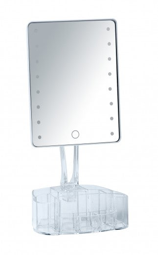 Miroir de table cosmétique, avec LED et organisateur en plastique, Trenno Transparent, L17xl12,5xH36 cm