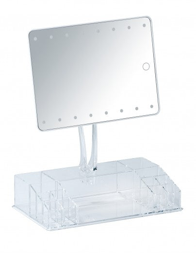 Miroir cosmétique de table, avec organisateur LED et plastique, Farnese Transparent, L27xl16xH36 cm