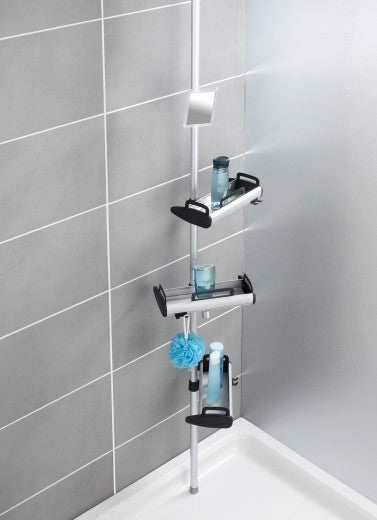 Colonne de douche télescopique, avec 3 étagères et 1 miroir, en aluminium et plastique, Shelf Line d'argent / Noir, L30xl17xH70-260 cm