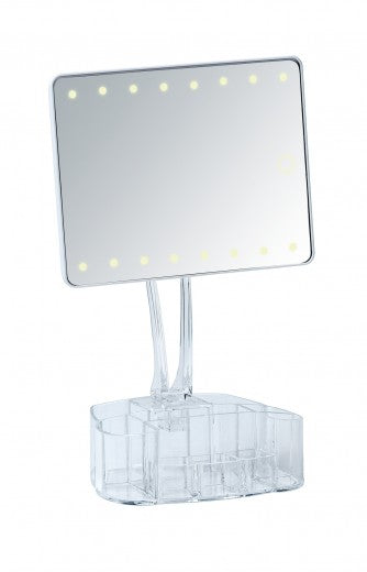 Miroir de table cosmétique, avec LED et organisateur en plastique, Trenno Transparent, L17xl12,5xH36 cm