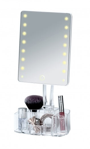 Miroir de table cosmétique, avec LED et organisateur en plastique, Trenno Transparent, L17xl12,5xH36 cm
