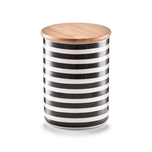 Récipient de rangement en céramique Stripes, couvercle en bambou, Noir / Blanc, 580 ml, Ø 10xH13 cm