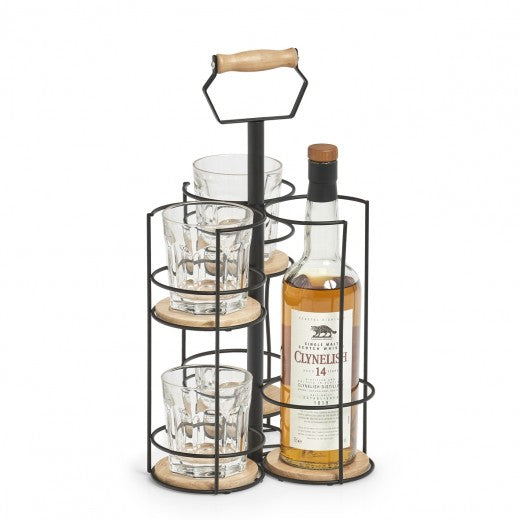 Support avec poignée pour verre et 4 verres, en bois et métal, Noir Rack, l22,5xA22,5xH42 cm